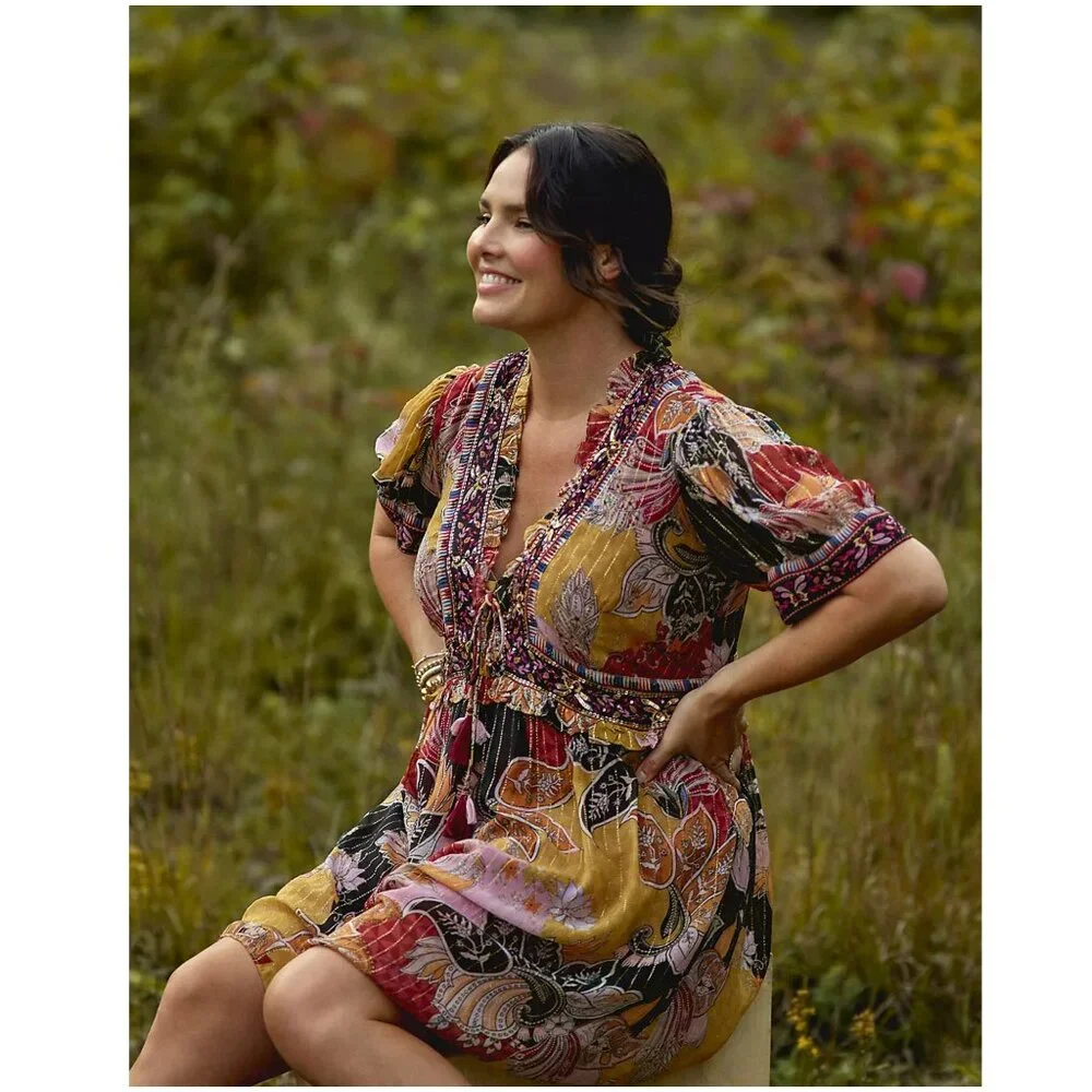 Anthropologie Beaded Shimmer Mini Dress M medium Verb metallic v-neck red yellow